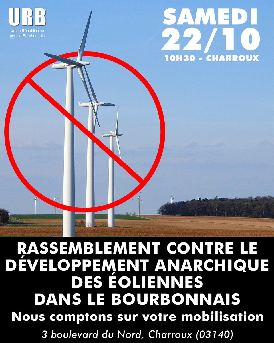 claude_riboulet's tweet photo. 🏞🏰Je compte sur votre #mobilisation! 
🔴Le @Allierdpt dit #NON aux #éoliennes industrielles! 
🟢Alors que l’#État incite à l’accélération du déploiement des #éoliennes, engageons-nous pour #protéger nos #paysages 
et notre #patrimoine! https://t.co/hGo6yyWPha