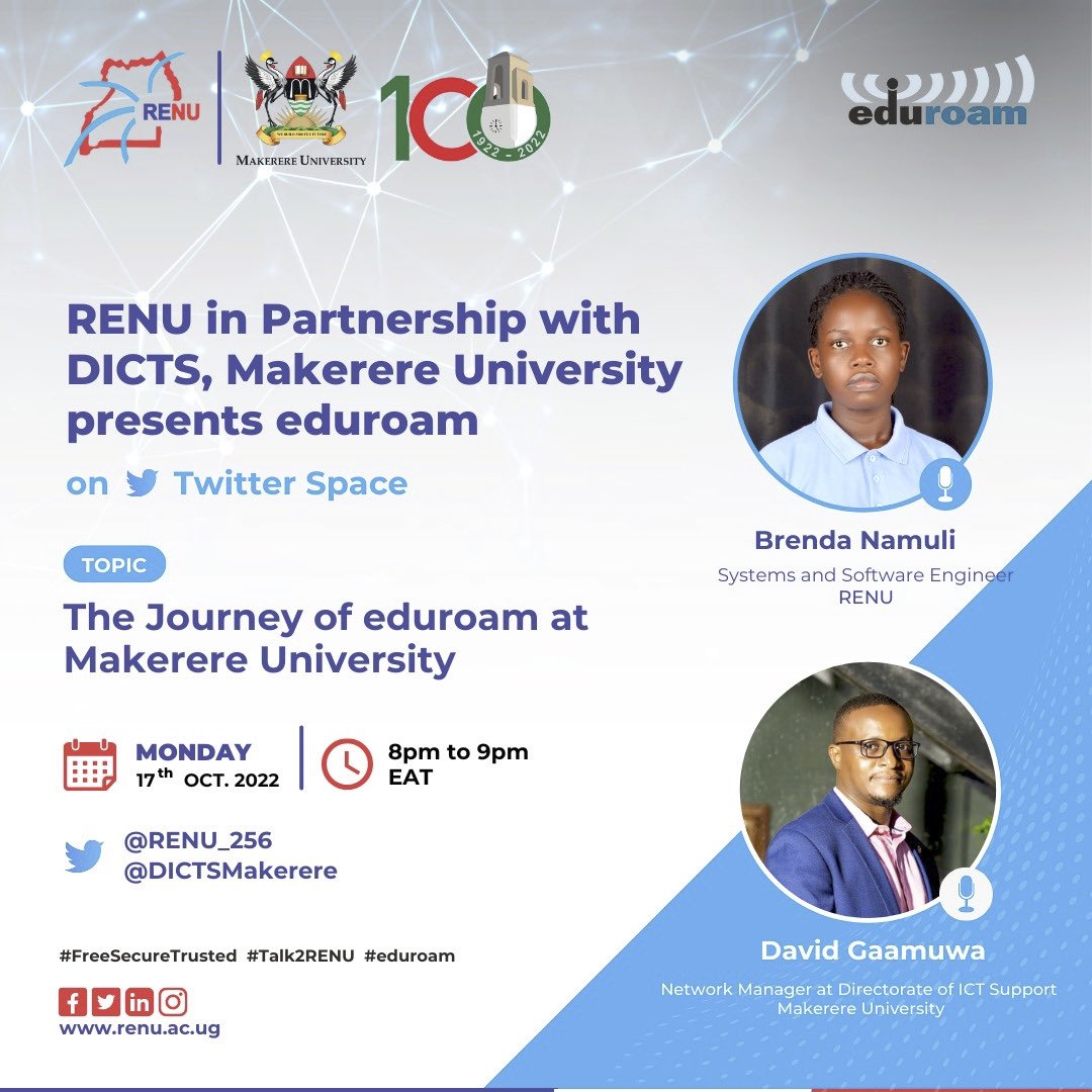Join @RENU_256 tonight for a Twitter space to find out more on how #eduroam works and how long it has been in @Makerere University. 

⏰ 8pm to 9pm | Don’t miss!! 

Hosts:@bnamuli98 & @DavidGMM1 

#FreeSecureTrusted #Talk2RENU