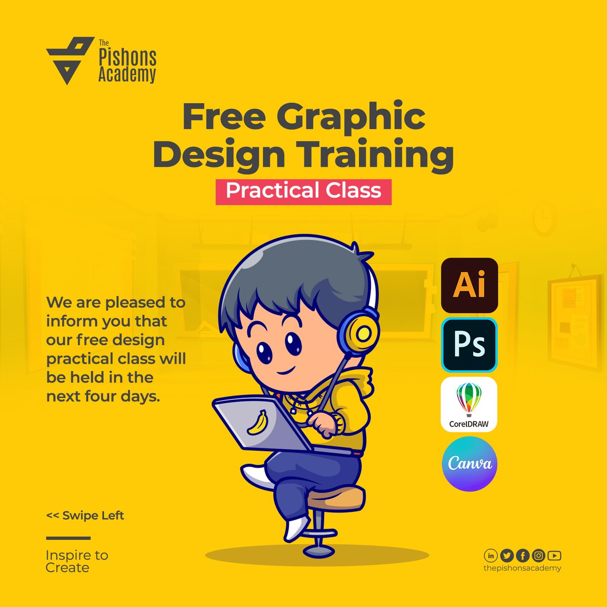 pishonsacademy's tweet image. It's with great delight to announce that our free graphic design practical class will begin on Friday.
____
#ThePishonsAcademy #TPACommunity #ThePishonsAcademyCommunity #FreeLearning #learnforfree #TPAinspiretocreate #inspiretocreate #FreeLearning #VirtualLearning #DesignSkill