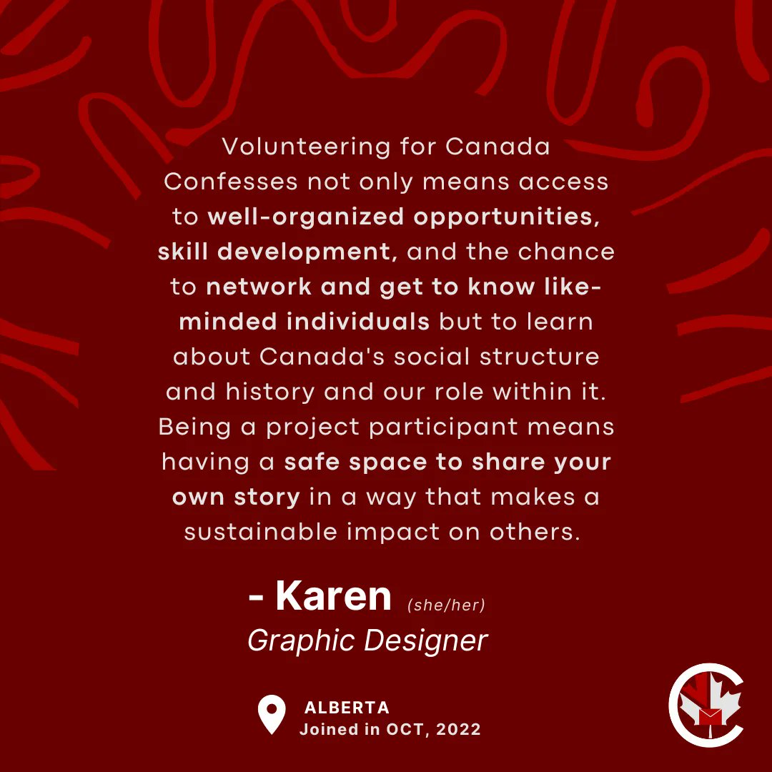 ConfessesCanada's tweet photo. Meet one of the many Faces of Canada Confesses: Karen! Karen is one of our Graphic Designers and has been volunteering with us since October 2022.
#CanadaConfesses #Canada #AB #Alberta #Volunteer #SocialJustice #GetInvolved #Volunteering #VolunteerCanada #Activism #Advocacy https://t.co/OOka4l697J
