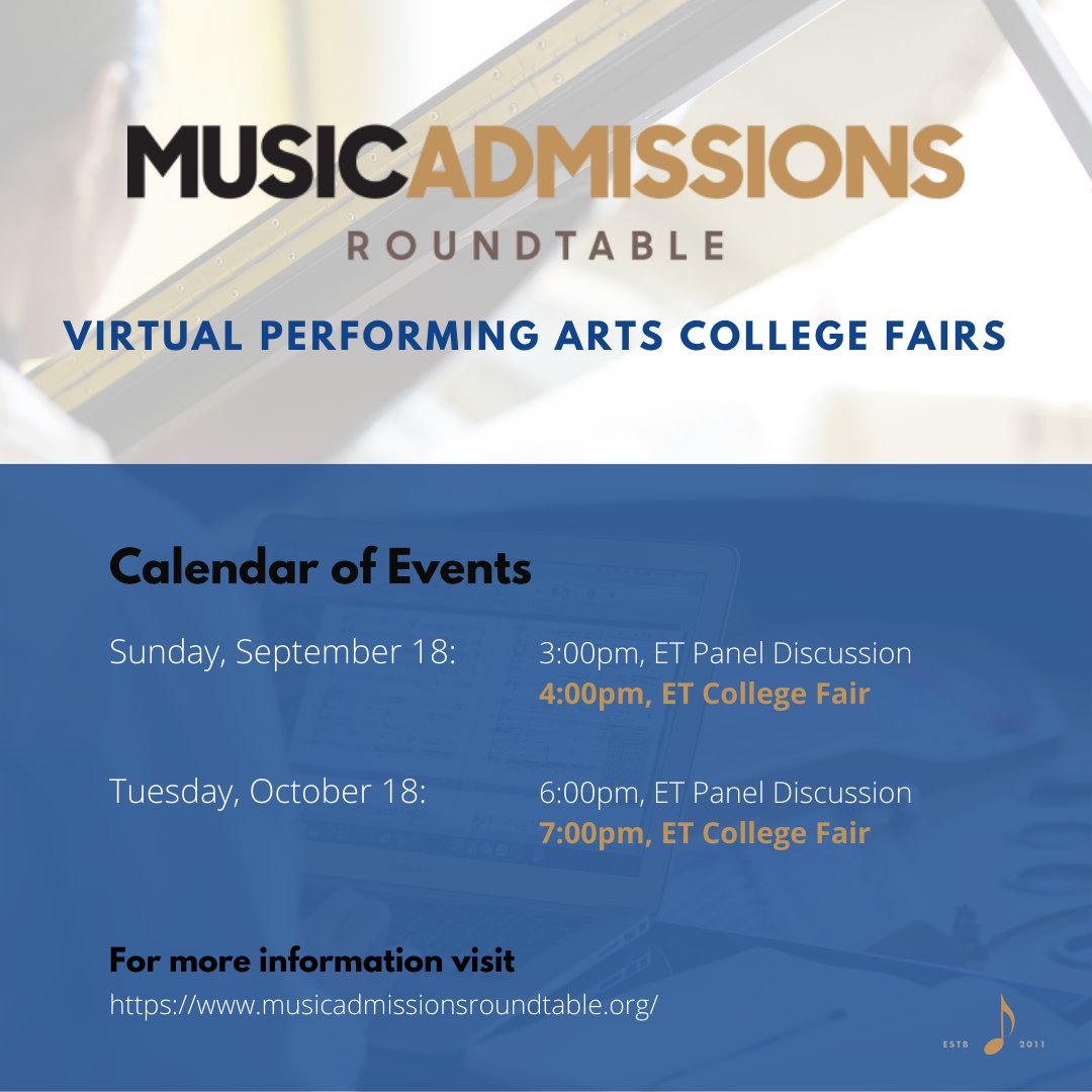 EastmanSchool's tweet photo. Tomorrow! Join Eastman and many other performing arts schools for a free online college fair. By attending, you will learn about ESM's programs, how to apply and audition, and more!

Click here to participate 🎶 https://t.co/hVlx3dh94N https://t.co/74GQ26fCog