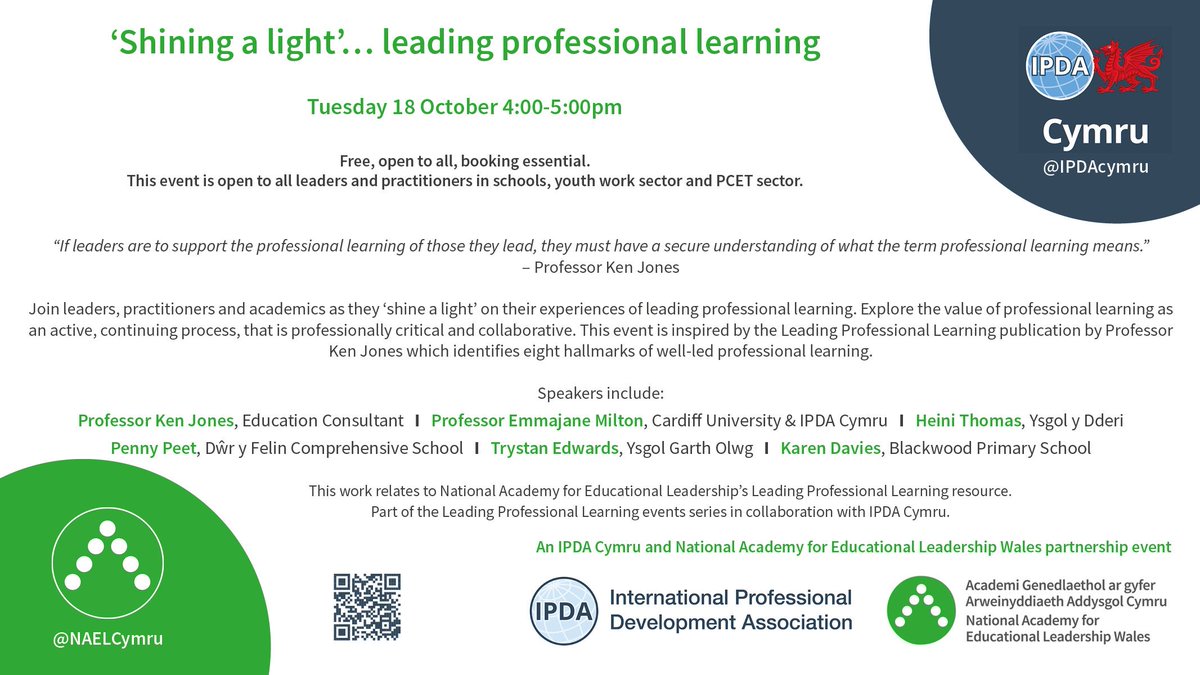 'Shining a Light' Tuesday 18 October 4-5pm Join leaders and academics as they 'shine a light' on their experiences of leading professional learning in our latest @IPDACymru partnership event. Book here: ow.ly/Czpw50L6W21 #LeadershipAcademy #ProfessionalLearning