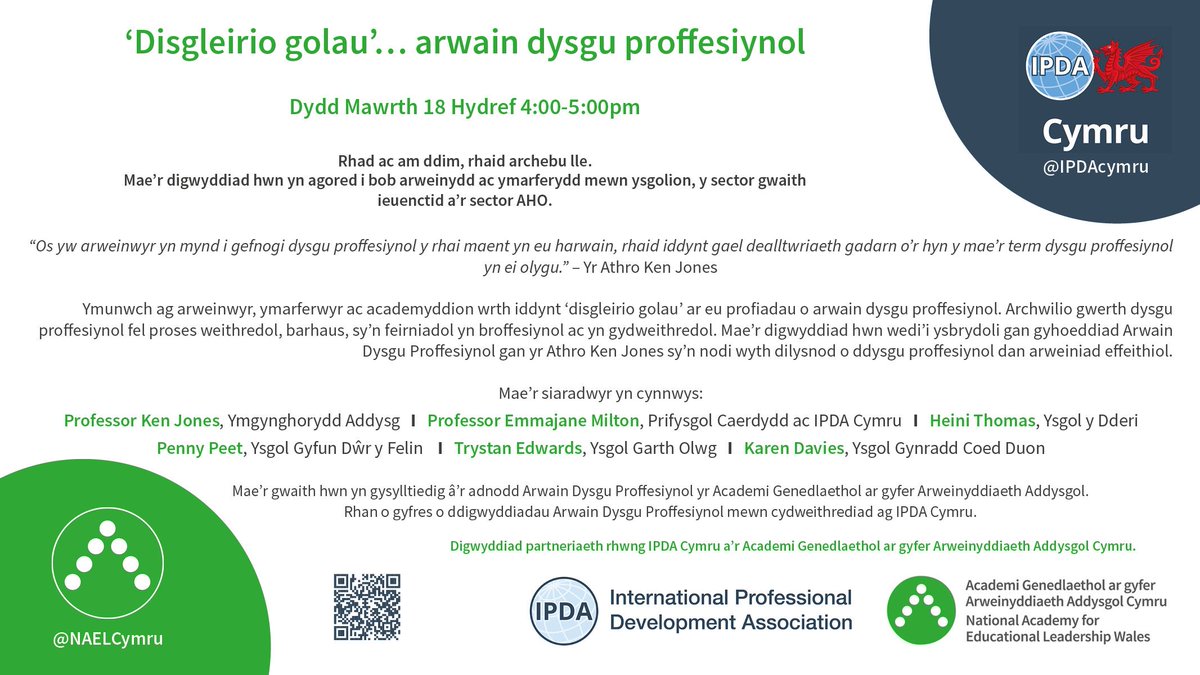 'Disgleirio Golau' Dydd Mawrth 18 Hydref 4-5pm Ymunwch ag arweinwyr ac academyddion wrth iddynt 'ddisgleirio' ar eu profiadau o arwain dysgu proffesiynol yn ein digwyddiad diweddaraf gyda @IPDACymru. Archebwch yma: ow.ly/29MQ50L6WSS #AcademiArweinyddiaeth