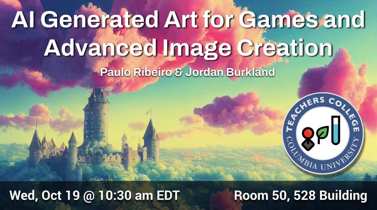 tc_gameslab's tweet photo. Event: AI-Generated Art for Games &amp; Advanced Image Creation: A Deep Dive into Midjourney. @TeachersCollege students: join us for hands-on workshop Pt. 2 as @CrawfordRibeiro &amp; Jordan Burkland discuss AI-generated art creation strategies for games. 10:30am ET, Wed. Oct 19 at GRL. https://t.co/zJequvGQ9v
