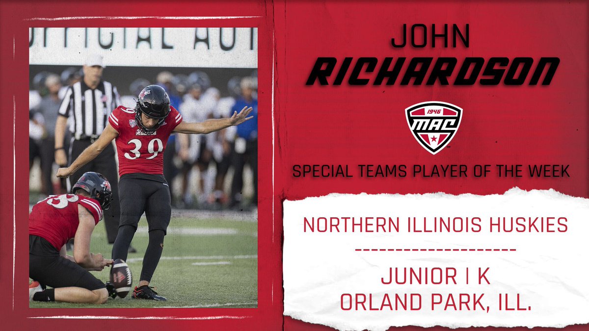 NIU’s John Richardson made all 4 of his FG attempts Saturday hitting from 41, 39, 28, and 33 yards in NIU’s 39-10 win. He also made all three of his PATs for 15 points, just one shy of his single game career high. #TheHardWay | #MACtion