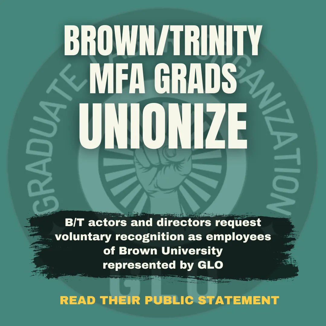 GradLaborOrg's tweet photo. Brown/Trinity MFA grads unionize, requesting voluntary recognition as employees of Brown University represented by GLO! These grads perform valuable labor and deserve to have a voice in the conditions of their work alongside all grad workers at Brown! Link to B/T statement in bio https://t.co/uUlr1BI3dr