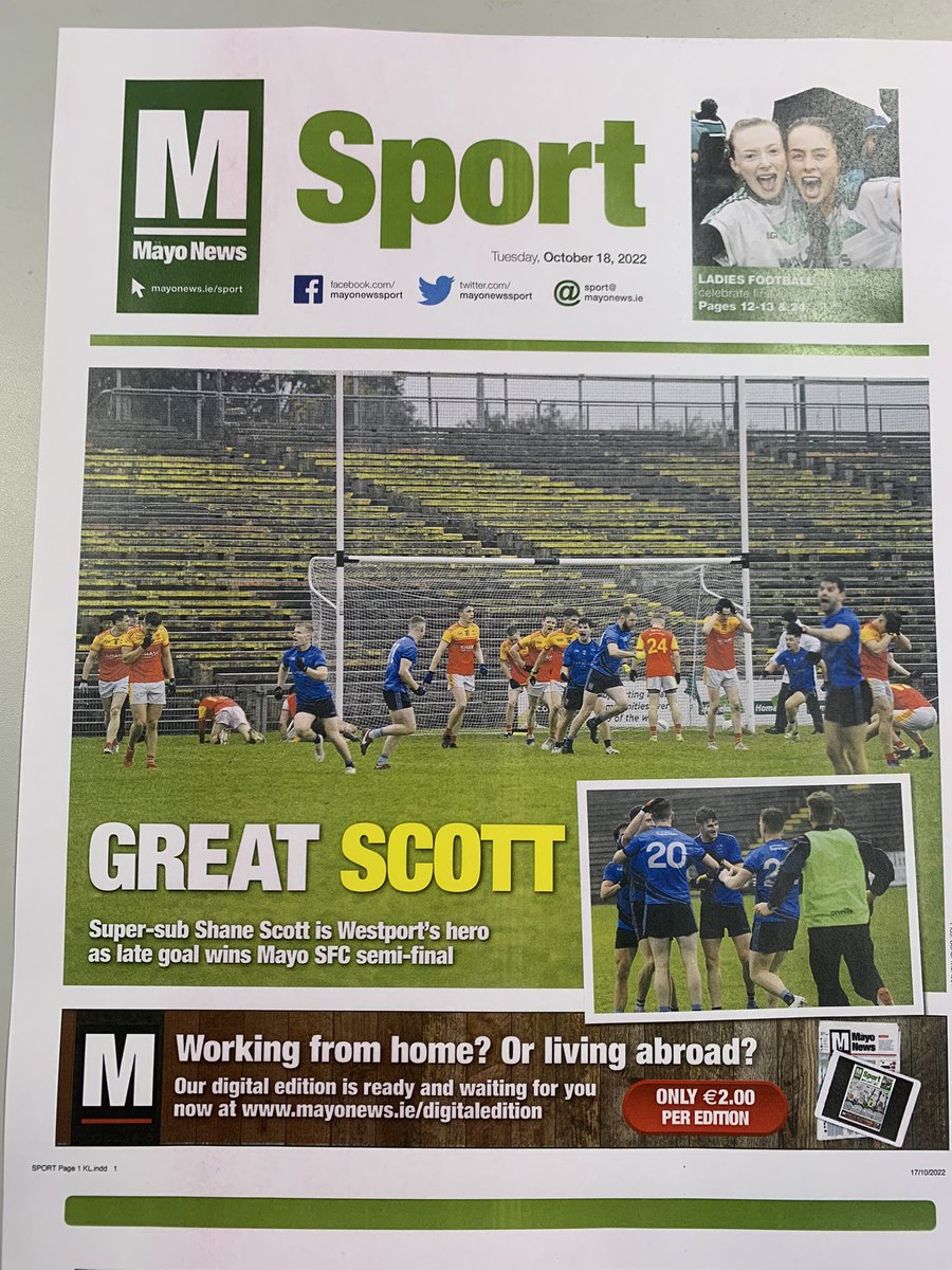 mayonewssport's tweet photo. Two options for the cover of @mayonewssport tomorrow! 

Which one would you prefer?

Retweet for option 1 or like for option 2 

Pick up a copy of the paper/digital edition tomorrow to read all about the big @MayoGAA and @Mayo_LGFA club games. 

#mayogaa #GAA https://t.co/WCA16eQ2bc