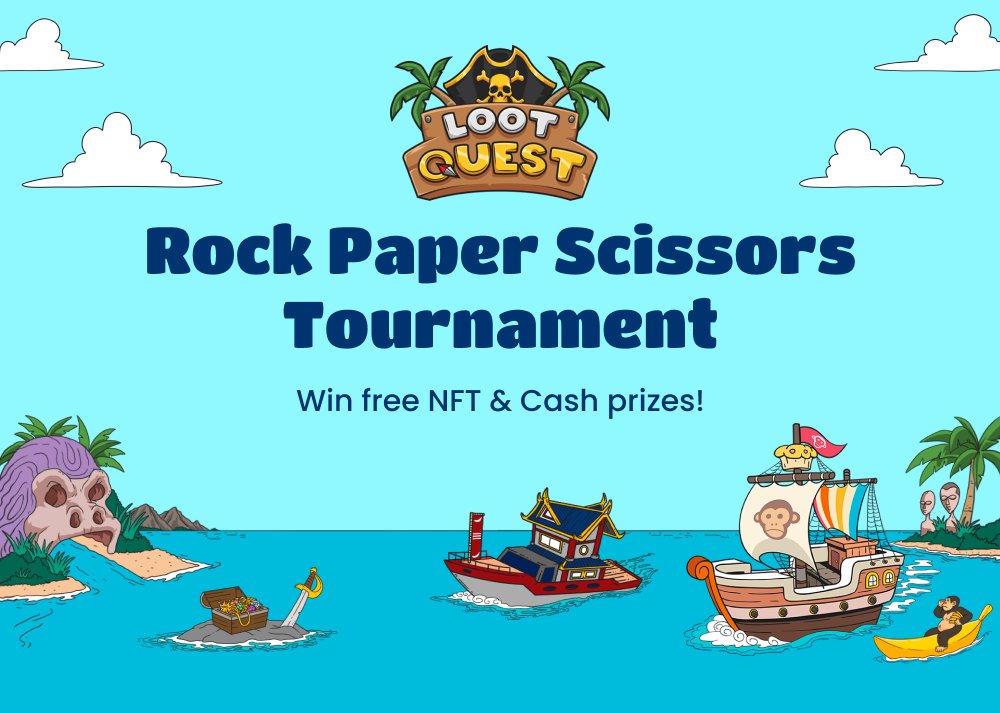 Play Rock Paper Scissors and win free prizes! 🤑🎉

How to Play:
1️⃣ Join: t.me/LootQuestP2E
2️⃣ Choose Rock, Paper, or Scissors

Prizes:
🥇<a href="/PixelSweeper/">PixelSweeper 🧹</a>
🥈$50
🥉$25
4th-10th: Sponsored #BSC NFT

🎟Every 10 wins is a raffle ticket for 
<a href="/PixelSweeper/">PixelSweeper 🧹</a> and free #NFTs