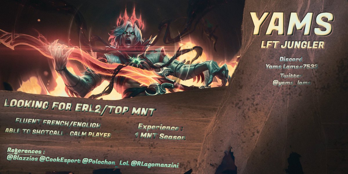 Hi, I'm  LFT for season 2023 as a jungler
Mainly looking for ERL2 but open to any offer !  
lolpros : lolpros.gg/player/yams
Ref : <a href="/Polochon_LoL/">Clément 'Poloch' Billet</a>  <a href="/RLagomanzini/">Lago</a> <a href="/Blazzios/">Blazzios</a> <a href="/Cook_Esport/">Coach Cook</a> 
DMs open👀
❤️&amp;🔁appreciated 🐵
