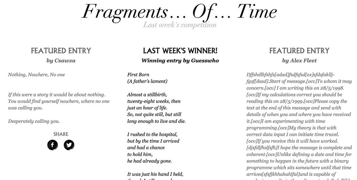 Congratulations to Guesswho who won last week's competition Fragments Of Time - read the full piece here: hourofwrites.com/archive/entry/…