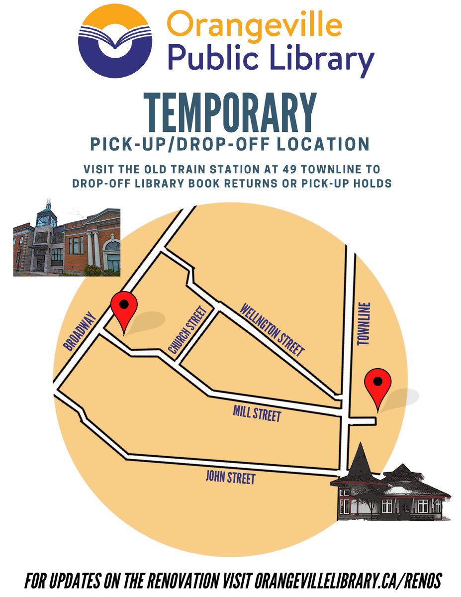 OvilleLibrary's tweet photo. We have had a few questions about our new hold pick-up location. We are at 49 Town Line (not at the BVR restaurant!). It's just a short walk or drive down Mill St. Hours are 10 a.m. to 6 p.m., Monday to Friday. https://t.co/WRKoUEuZ1E