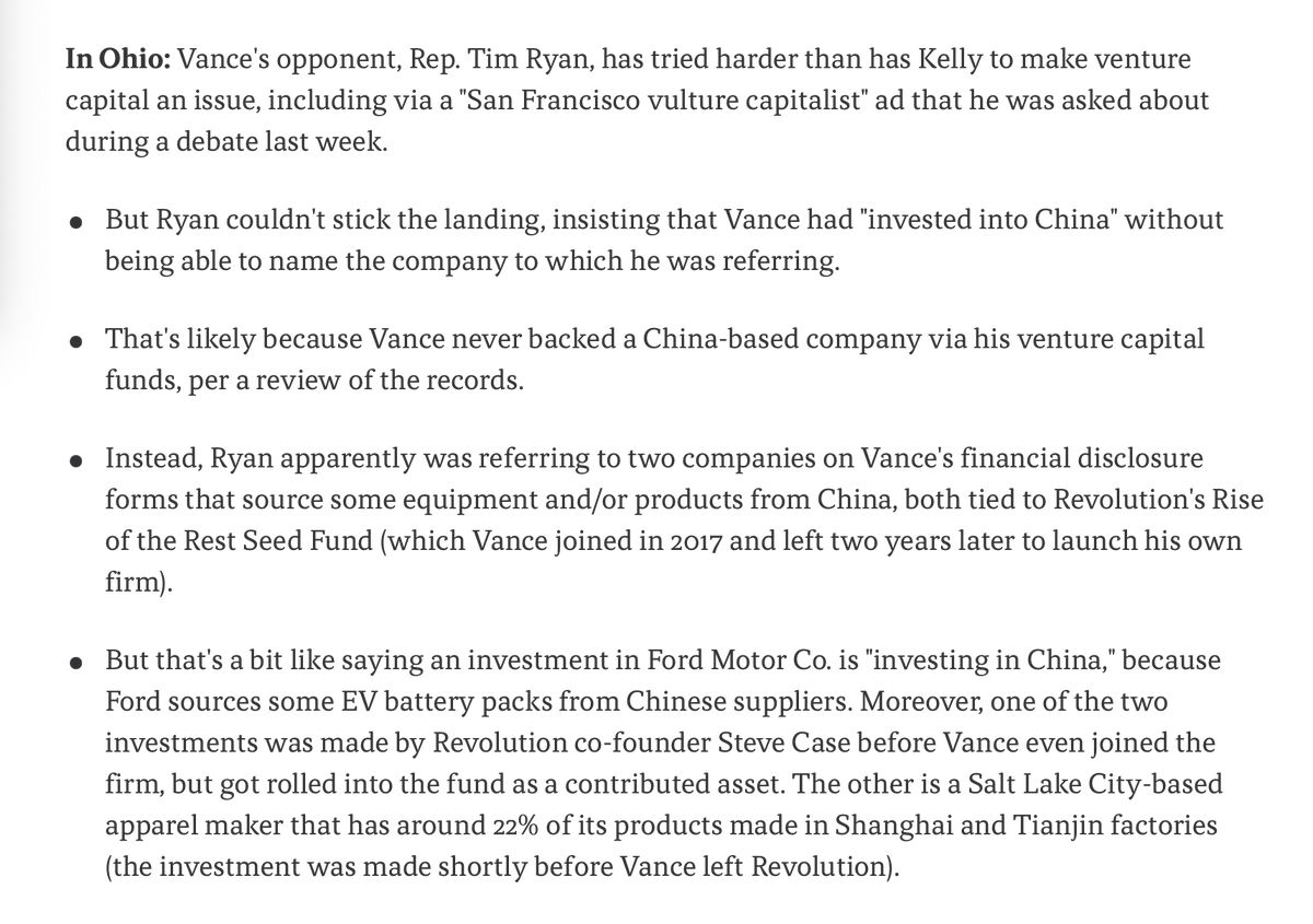 Tim Ryan called out by Axios for lying about JD Vance supposedly investing in China: 'Ryan couldn't stick the landing...That's likely because Vance never backed a China-based company via his venture capital funds, per a review of the records.'