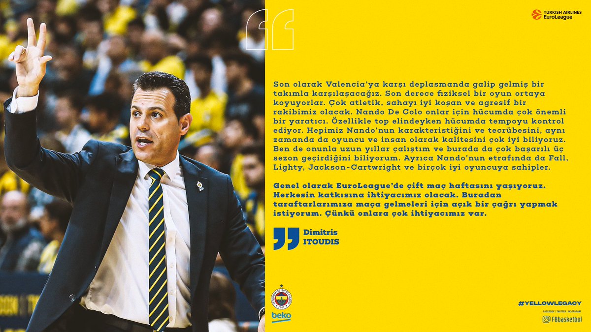 🎙 Başantrenörümüz Dimitris Itoudis'in maç önü görüşleri! 👇

#YellowLegacy #EuroLeague