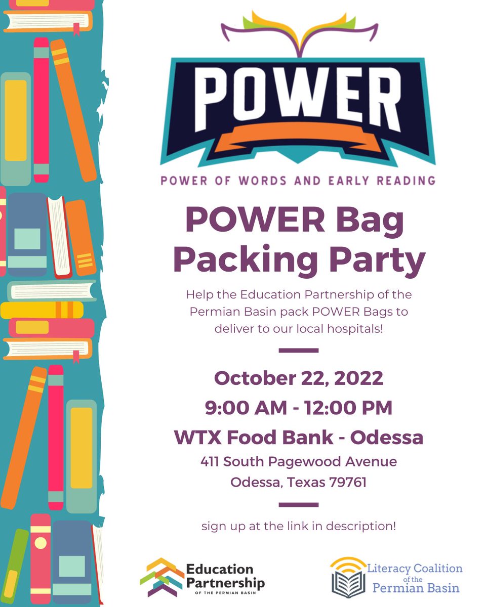 TEXAS SCHOLAR OPPORTUNITY THIS UPCOMING SATURDAY!

POWER Bag Packing Party volunteer event Saturday, October 22nd at the Odessa WTX Food Bank from 9AM-12PM.  STUDENTS NEED TO SIGN UP AT THE BELOW LINK. 

 signupgenius.com/go/10c094cacae…