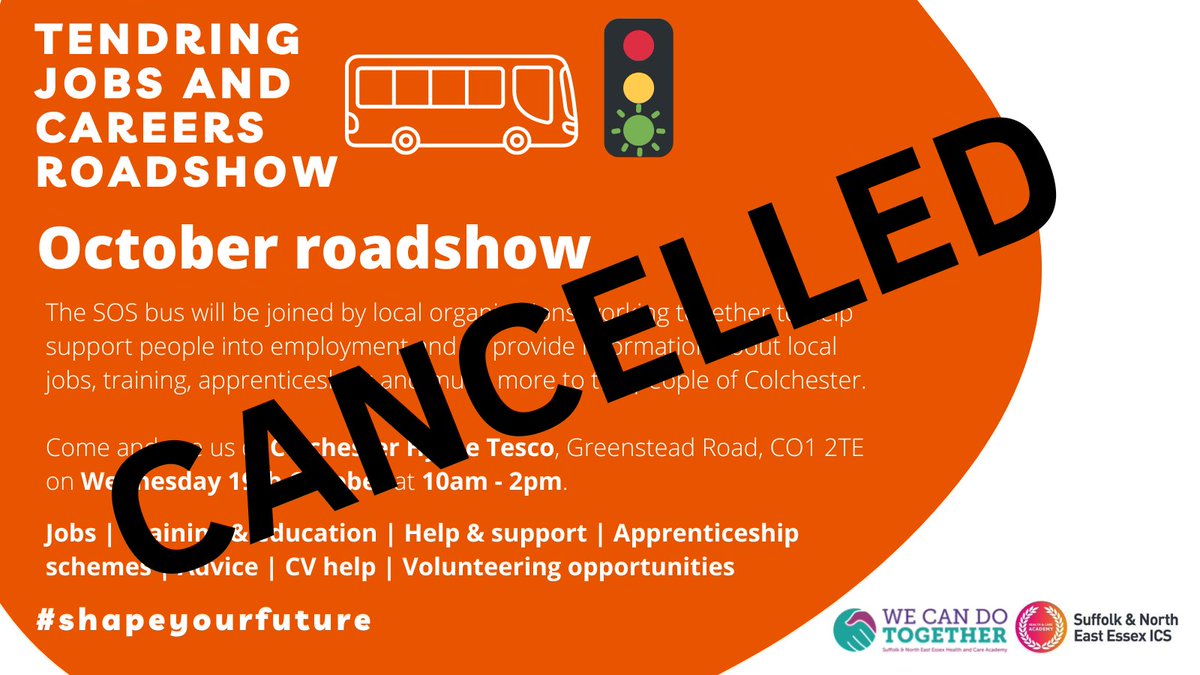 CanDo_Together's tweet photo. We're really sorry to announce that the Tendring Jobs and Careers Roadshow due to take place on Wednesday has been cancelled.

Apologies for any inconvenience caused. The roadshow will be back on Wednesday 16th November at Morrisons at Little Clacton. https://t.co/M4szI2T54R