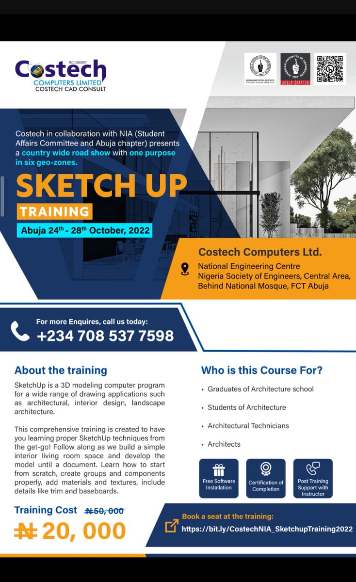 ProgressAgent07's tweet photo. Dear #Abuja #Architects

@costechcomputersltd in collabo w @niaabujachapter
 &amp; @NIA
 Student Affairs Committee bring you a discounted #SketchUp #Training opportunity

#Architecture Practitioners &amp; #AEC employers are invited to send in trainees, interns &amp; young graduates

#IamNIA https://t.co/mU1ENRfdRc