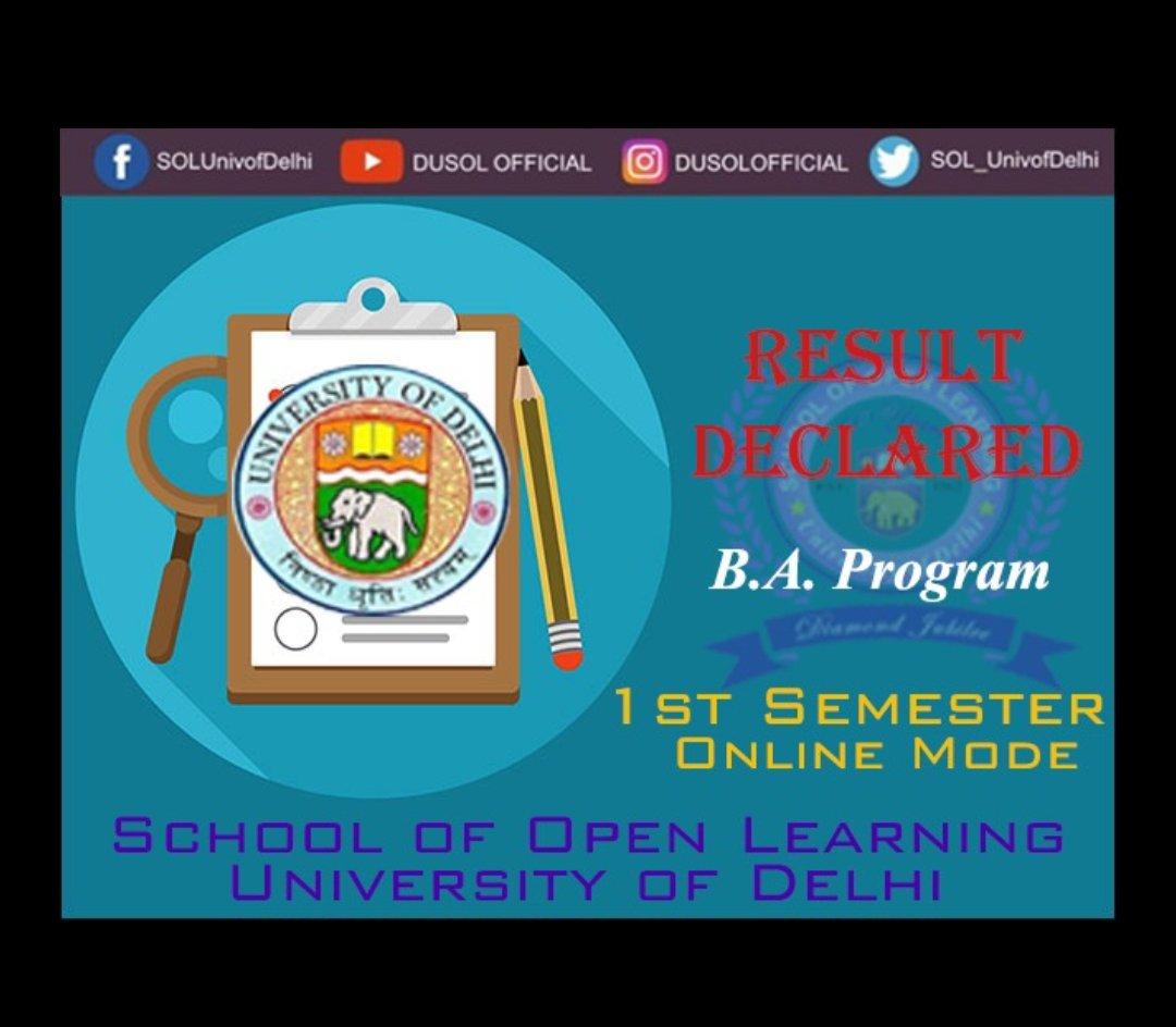 DUSOLOfficial's tweet photo. Result of B.A. Program 1st Semester (Examination March 2022 - Online Mode) Declared.

Check Result Here: https://t.co/BX9qNfjZgp

#DDCE #SOL #COL #DU #RESULT #BAprogram #1stSemester #OnlineMode #ExamMarch22 #Students #ExamBranch @UnivofDelhi https://t.co/fGFaGLfY7W