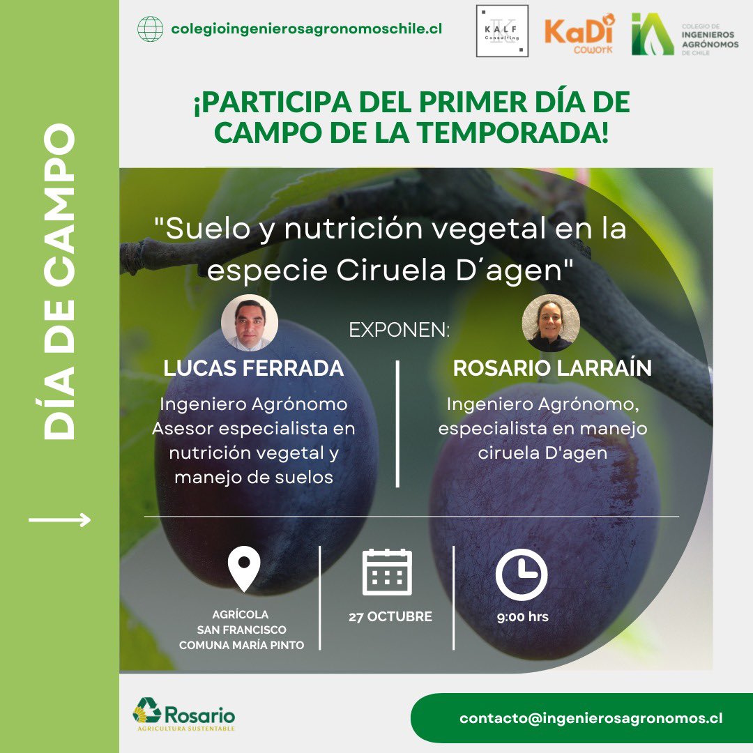 IngAgronomoCL's tweet photo. 🌱🌳🌷

¡Te invitamos a participar del primer “Día de Campo” del Colegio de Ingenieros Agrónomos de Chile!

✔️27 de octubre 
✔️Agrícola San Francisco, ubicada en la comuna de María Pinto, región Metropolitana.
 ✔️9:00 Hrs
✔️Inscripciones:

https://t.co/I9GaWj68o7 https://t.co/CebzH5bc8Q