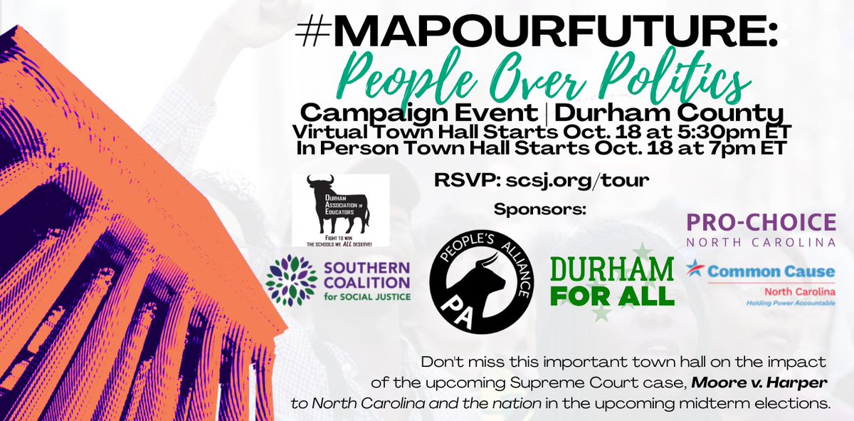 scsj's tweet photo. BULL CITY 🗣️
The #MapOurFuture People Over Politics tour heads your way TOMORROW (10.18), 7pm, at Riverside High School. RSVP NOW >>> https://t.co/0xFSuKfUSi https://t.co/rWKAfy2bjX