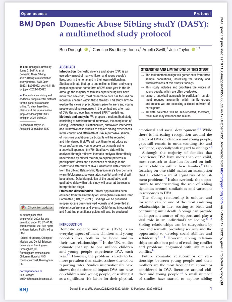 Very happy to share that <a href="/BMJ_Open/">BMJ_Open</a> just published our #StudyProtocol - a #multimethod study exploring #sibling responses in the context and aftermath of domestic violence &amp; abuse. You can access the full article here: bmjopen.bmj.com/content/12/10/… #DomesticAbuse #Children #YoungPeople