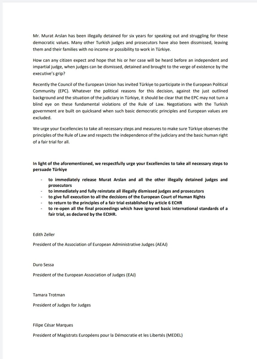 Letter from @MedelEurope, @EAJ_AEM_ERV, @AEAJ2000 and @Judges4J to @vonderleyen, @VeraJourova, @dreynders @JosepBorrellF, @OliverVarhelyi, @MarijaPBuric and @Dunja_Mijatovic, denouncing disrespect for #RuleOfLaw in 🇹🇷, demanding immediate release/reinstatement of @murat_arslan74.