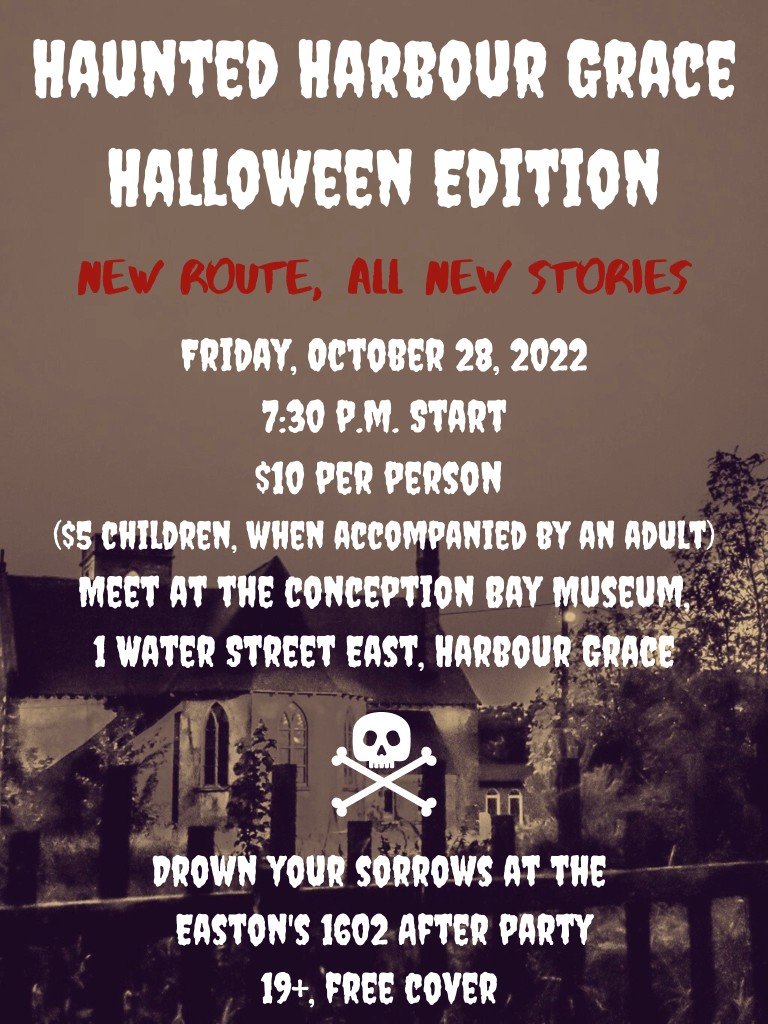 cbmuseum1870's tweet photo. It’s back!

Our annual Halloween fundraiser: Haunted Harbour Grace…

New route, with all new stories…

Hike starts at the Conception Bay Museum, 1 Water Street East, at 7:30 p.m. on Friday, October 28, heading east…

$10 admission ($5 children, when accompanied by an adult). https://t.co/A4CUKN07JG