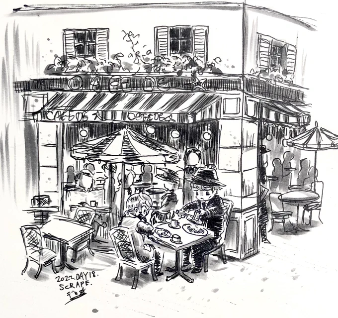 #inktober #inktober2022 
#オルフェさんと綴るペン画の旅

DAY 18.SCRAPE.
削り取る。

チーズを険しい顔で削り取る師匠と弟子のお昼風景…。 
