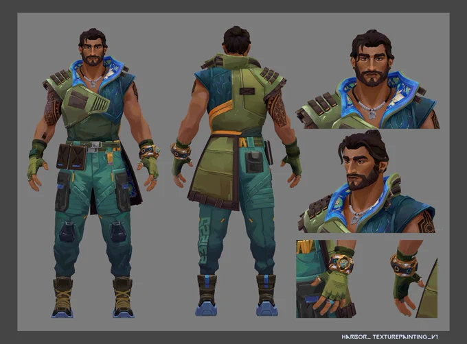 I worked on the latest Valorant cinematic as a texture/lookdev artist and I got to work on Harbor! This was the most complex character I painted and I'm pretty happy with how he turned out. 