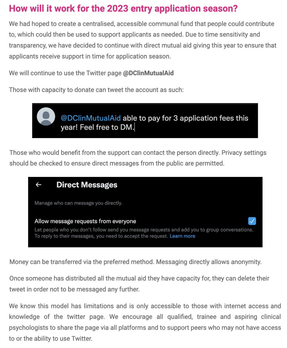 UK DClinPsy MutualAid (@dclinmutualaid) on Twitter photo Mutual aid for UK DClinPsy 2023 entry application fee.
Brief explanation of how it will work again this year.
• No burden of proof.
• Solidarity not charity.
Please do share widely, especially offline.
Contact: dclinmutualaid@gmail.com or via DM Mutual aid for UK DClinPsy 2023 entry application fee.
Brief explanation of how it will work again this year.
• No burden of proof.
• Solidarity not charity.
Please do share widely, especially offline.
Contact: dclinmutualaid@gmail.com or via DM