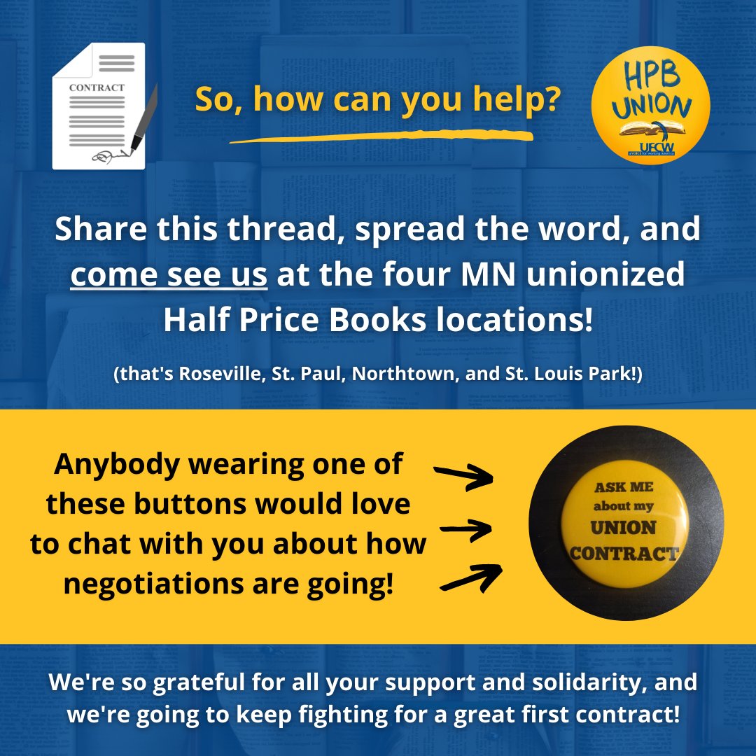 So, a call to action: retweet this thread, spread the word, and come see us at the four MN unionized locations! Anybody wearing one of these buttons would love to chat with you about how negotiations are going.

Solidarity! ✊📚❤️

#HPBUnion #UFCW #1u #Union #BookstoreUnion