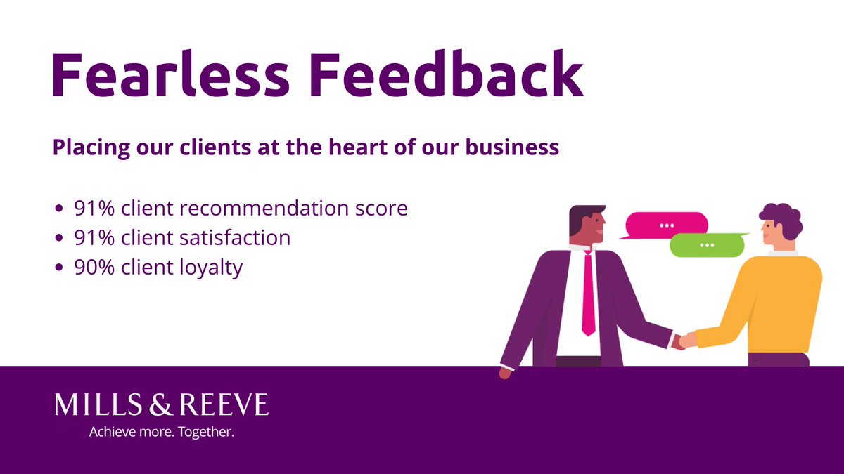 MillsandReeve's tweet photo. Our latest Fearless Feedback results reveal increased client satisfaction across the board. And the survey has been chosen as a standout in the innovation strategy category of the @FinancialTimes Innovative Lawyers: Europe!

Find out more: https://t.co/WXdxVY4DRJ https://t.co/my0Jkp2hSd