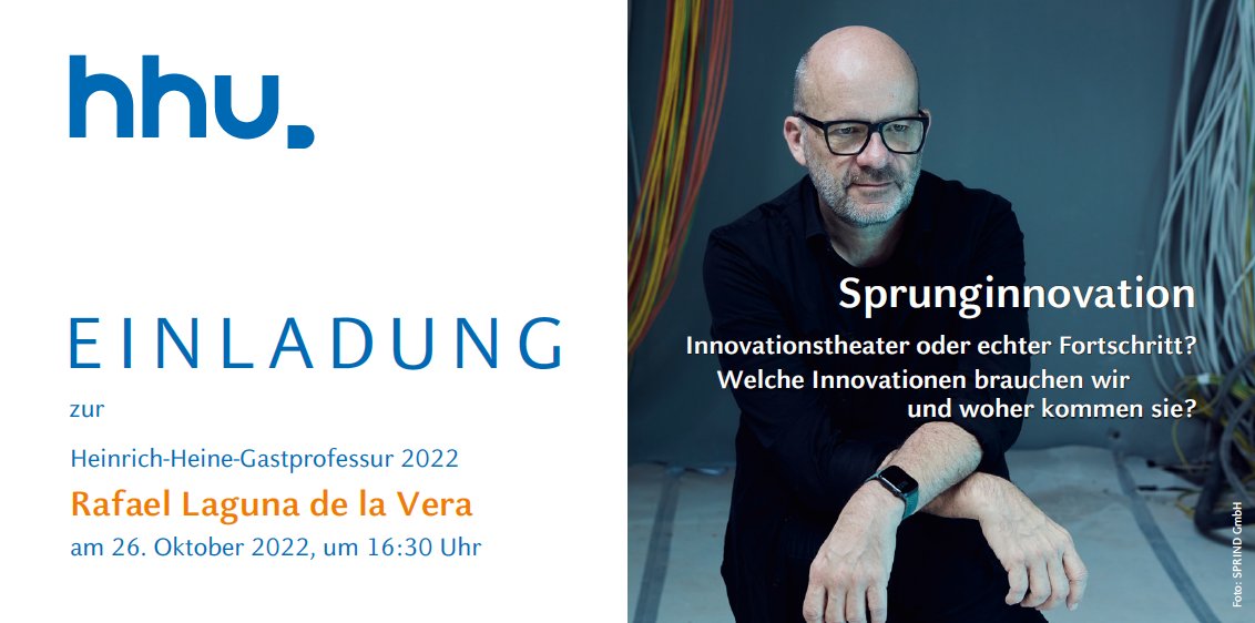 Im Rahmen der @HHU_de-Wirtschaftsprofessur hält @rafbuff (@SPRIND) am 26.10. und am 22.11. um jeweils 16:30 Uhr einen öffentlichen Vortrag zu dem Thema Sprunginnovation. Begleitend bietet @haucap ein Kolloquium zu diesem Thema an. Mehr Informationen: hhu.de/die-hhu/presse…