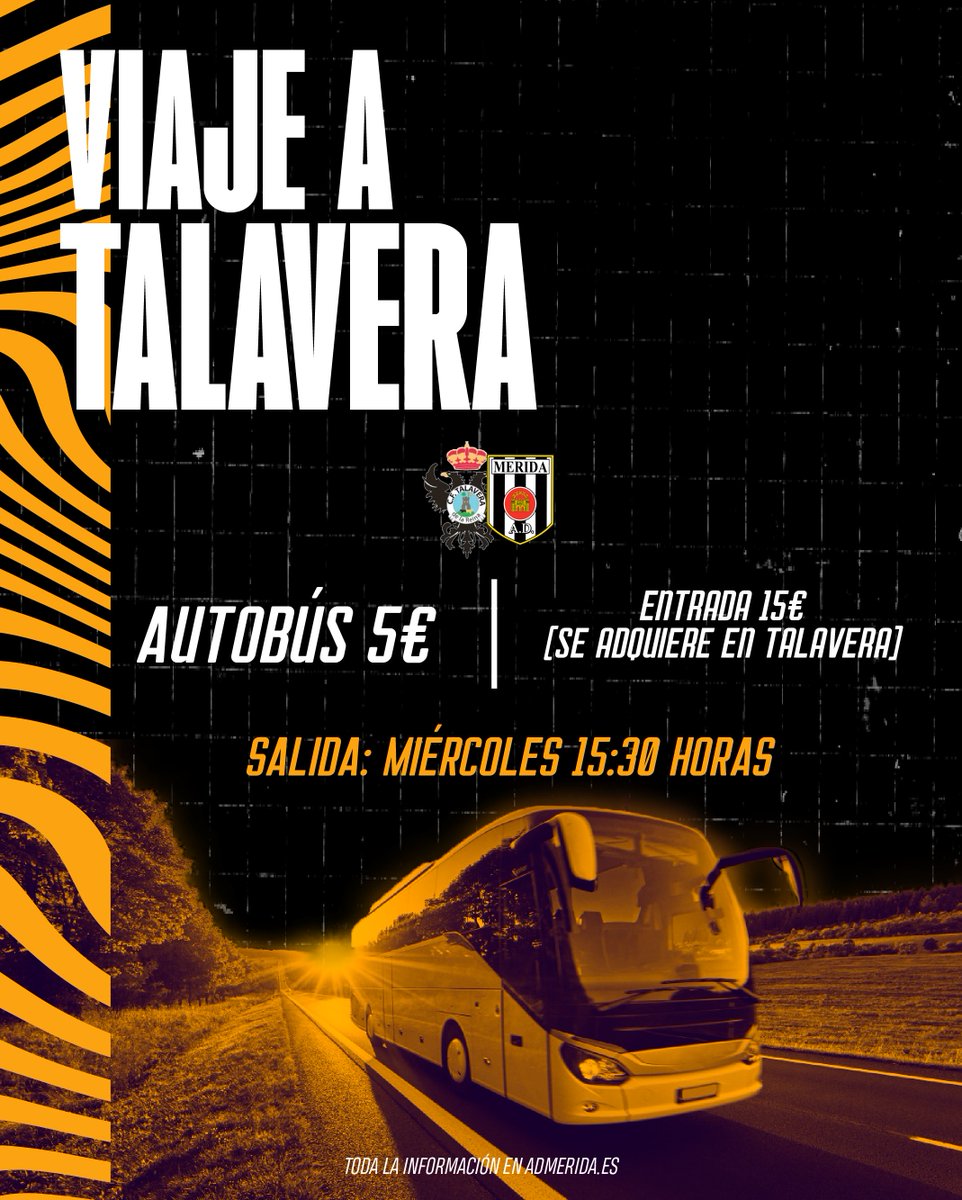 Merida_AD's tweet photo. 🚍 𝗩𝗜𝗔𝗝𝗘 𝗔 𝗧𝗔𝗟𝗔𝗩𝗘𝗥𝗔 |

➡️ Autobús: 5€
➡️ Entrada (se adquiere en Talavera): 15€

ℹ️ Si no se completan 50 plazas el autobús no saldrá

📲 Más información: https://t.co/fwTKHq1dEr

#TalaveraMérida https://t.co/WtcMusAInF