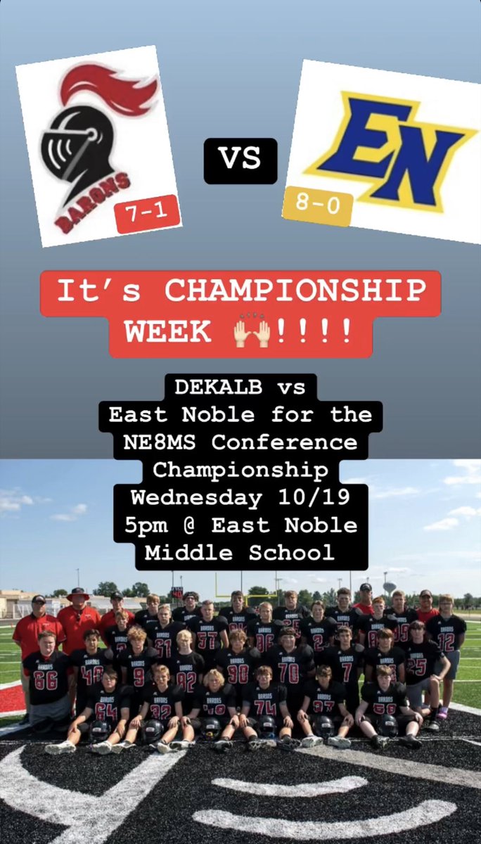 PhillipsJarrod1's tweet photo. It’s CHAMPIONSHIP WEEK for the DEKALB Middle School 8th Grade 🏈 team!!! We would LOVE as much community support as we can get Wednesday, 10/19 @ 5pm at East Noble Middle School. @DMSFball @DMSBarons @coacheltzroth @DeKalbDMS @DeKalbDCCUSD https://t.co/9OvfOIef0o