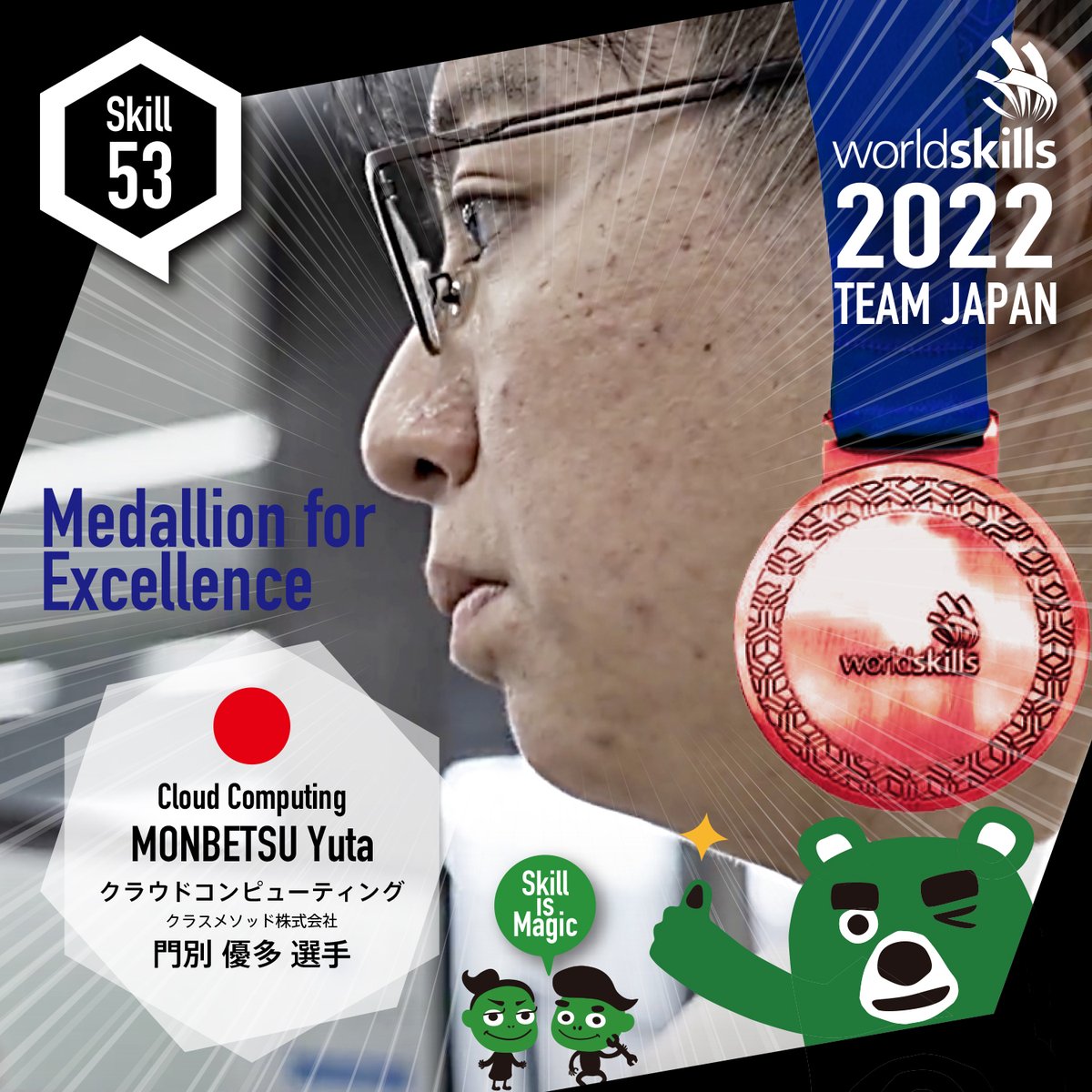 WorldSkills Competition 2022 Special Edition
クラウドコンピューティング / Cloud Computing
敢闘賞 / Medallion for Excellence
門別 優多さん/ MONBETSU Yuta / クラスメソッド株式会社
#WorldSkillsJapan #WorldSkills #WSC2022SE #worldskills2022