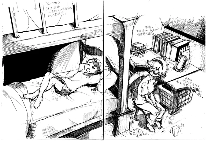ペン画や望遠広角関連の本など、色んな本を読みつつアニメの一場面を精密模写し気付きをメモすることで感覚的にパースへの意識も芽生えてきました。その後twitterでオリジナル絵を描き始め、二年前にMAEDAX先生の講座を受けてアイレベルの意味を知って、今はさらに描写への興味が湧いているところです 