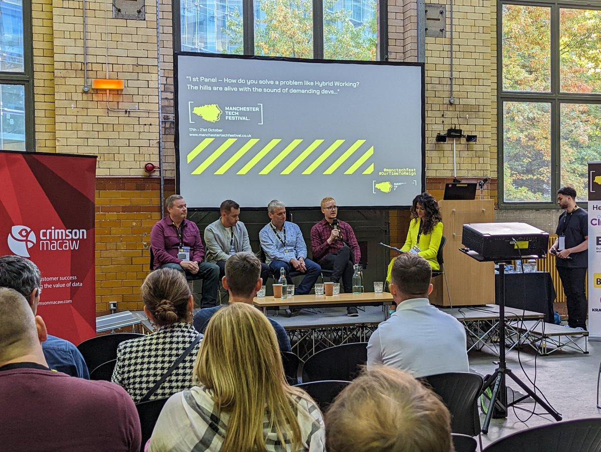 First panel of the day at <a href="/MancTechFest/">Manchester Tech Festival</a>'s Leadership Day. Interesting to hear thoughts on hybrid working, <a href="/indiespring/">Indiespring</a> have been hybrid working for over ten years and still plenty to learn!