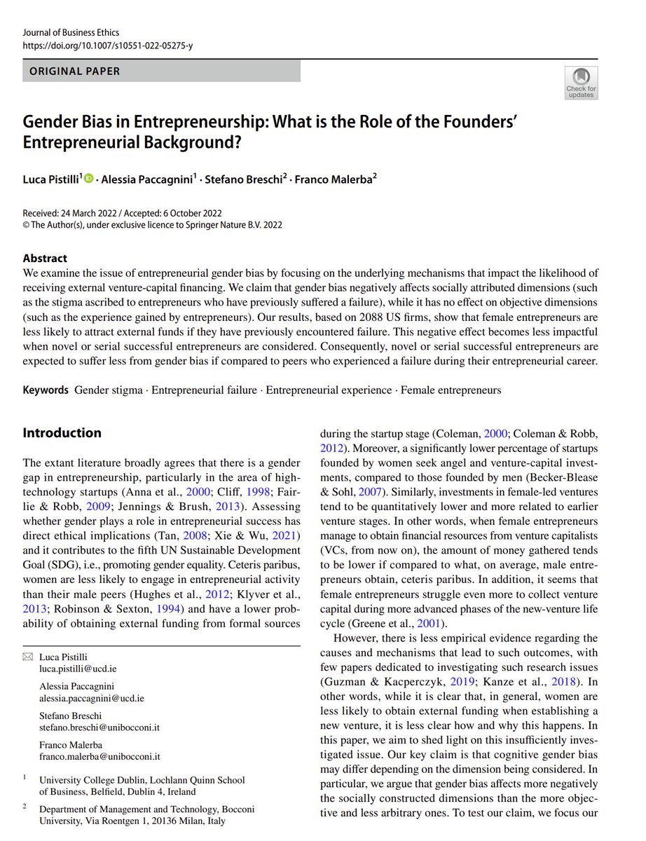 Alessia_metrics's tweet photo. 😁Hello #EconTwitter I'm happy here is the published version by the Journal of Business Ethics of my recent research #GenderBias in #Entrepreunership (joint with 
@ProfLucaPist Stefano Breschi and Franco Malerba).
🤓Full article:
https://t.co/gek6Bf9bIt

Read &amp; cite😜 (1/N) https://t.co/rjKQG42teE