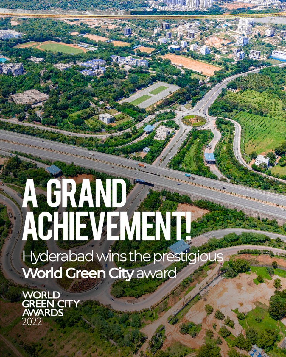 A proud moment - Telangana's Hyderabad won the overall ‘World Green City Award 2022’ and another ‘Living Green for Economic Recovery and Inclusive Growth’ award at the International Association of Horticulture Producers (AIPH). #WorldGreenCity #Hyderabad #GreencCity #India