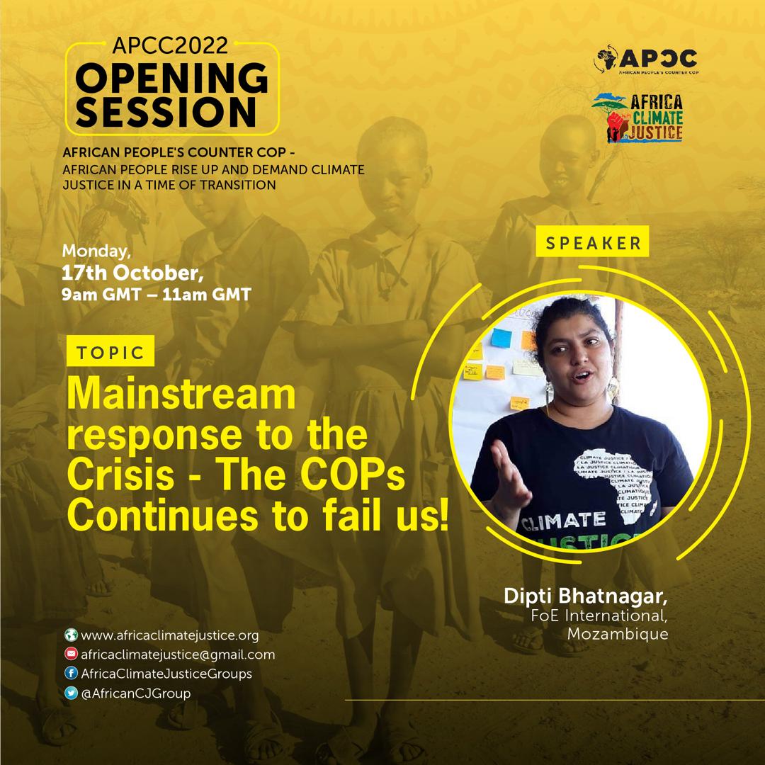 AfricanCJGroup's tweet photo. Live with with Dipti Bhatnagar @diptimoz: mainstream response to the crisis. The #COPs continue to fail us.
@groundWorkSA
@AfricaCRP @LucGnacadja
@WoMin_Africa
#APCC
#COP27
#ClimateCrisis
#APCC2022
#CounterCOP https://t.co/EmsQvhjOW0