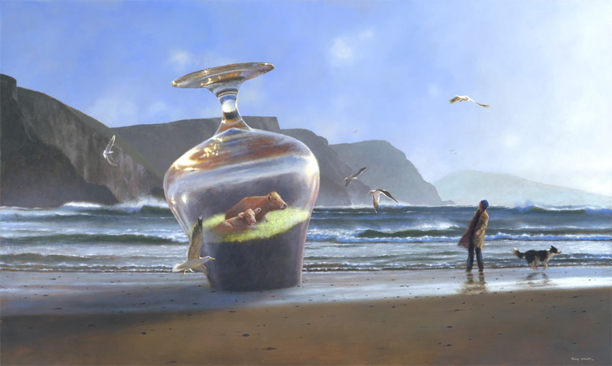 Glass Half Full by Jimmy Lawlor - the Irish Surrealist! Jimmy has exceptional techniques in painting and the quality of giclee prints bring the colours and brushstrokes to life. Full of humour, his works capture a moment in time, a twist on Irish culture and life. #irishart