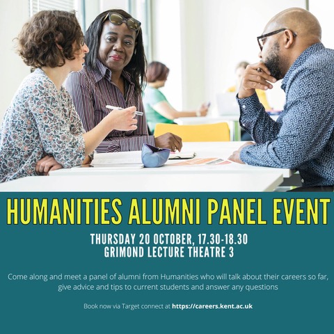 📣 Happening this Thursday! 

A panel of alumni from Humanities will talk about their careers so far, give advice and tips to current students and answer any questions.

Make sure you don't miss it!