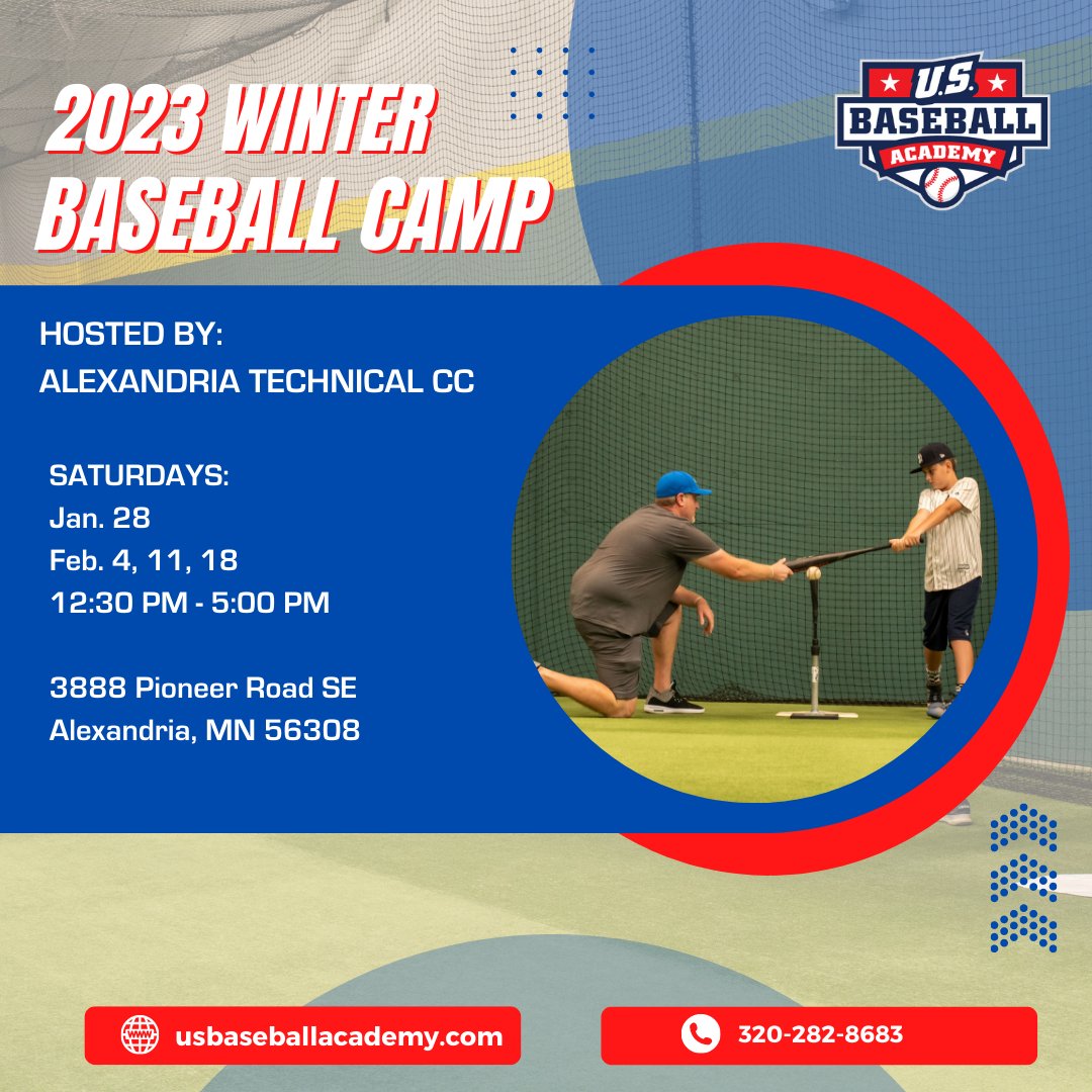 USBaseballAcad's tweet image. Batter up, Minnesota! Join us at our 2023 Baseball Camp hosted by Alexandria Technical CC. USBA camps feature age-specific sessions with instruction specially tailored for each ability level. Register at USBaseballAcademy.com to get a discount.