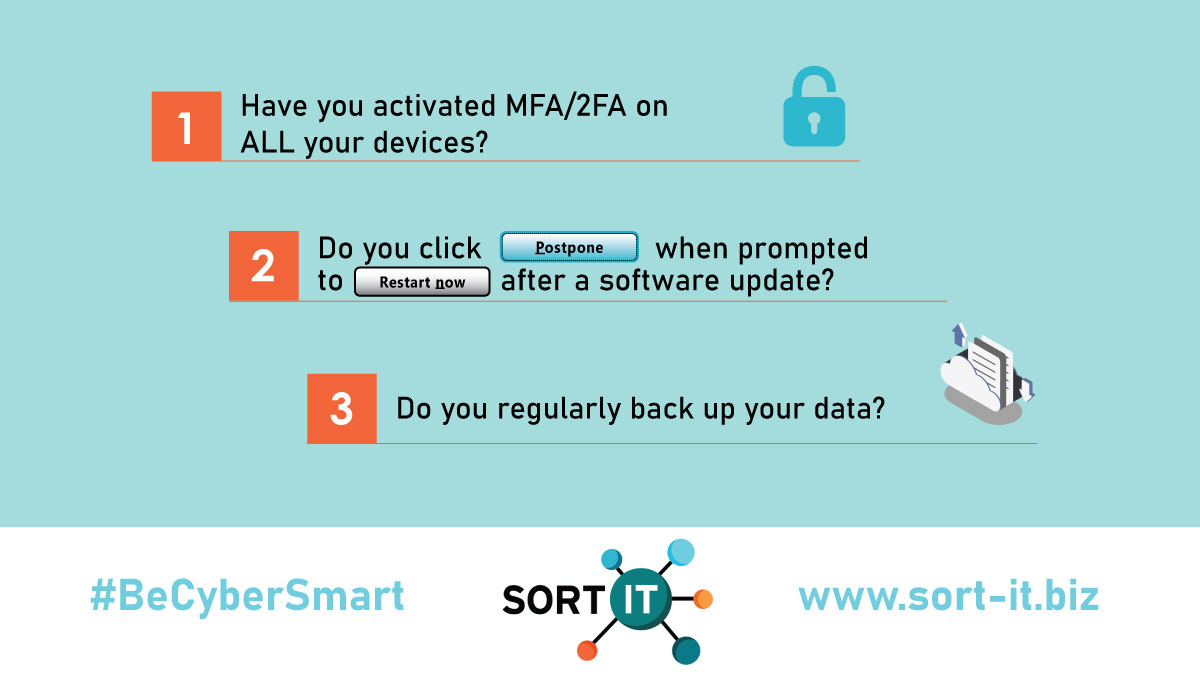 sortitbiz's tweet photo. How would you answer these 3 quick questions about #CyberSecurity habits? Be honest!
Read our latest e-update to find out the consequences if you or your colleagues are unaware of, or simply ignoring, the risks.
👉https://t.co/OLFqHiagoW
#WeSortIT #ITManagement #BeCyberSmart https://t.co/C9A0txdwTQ