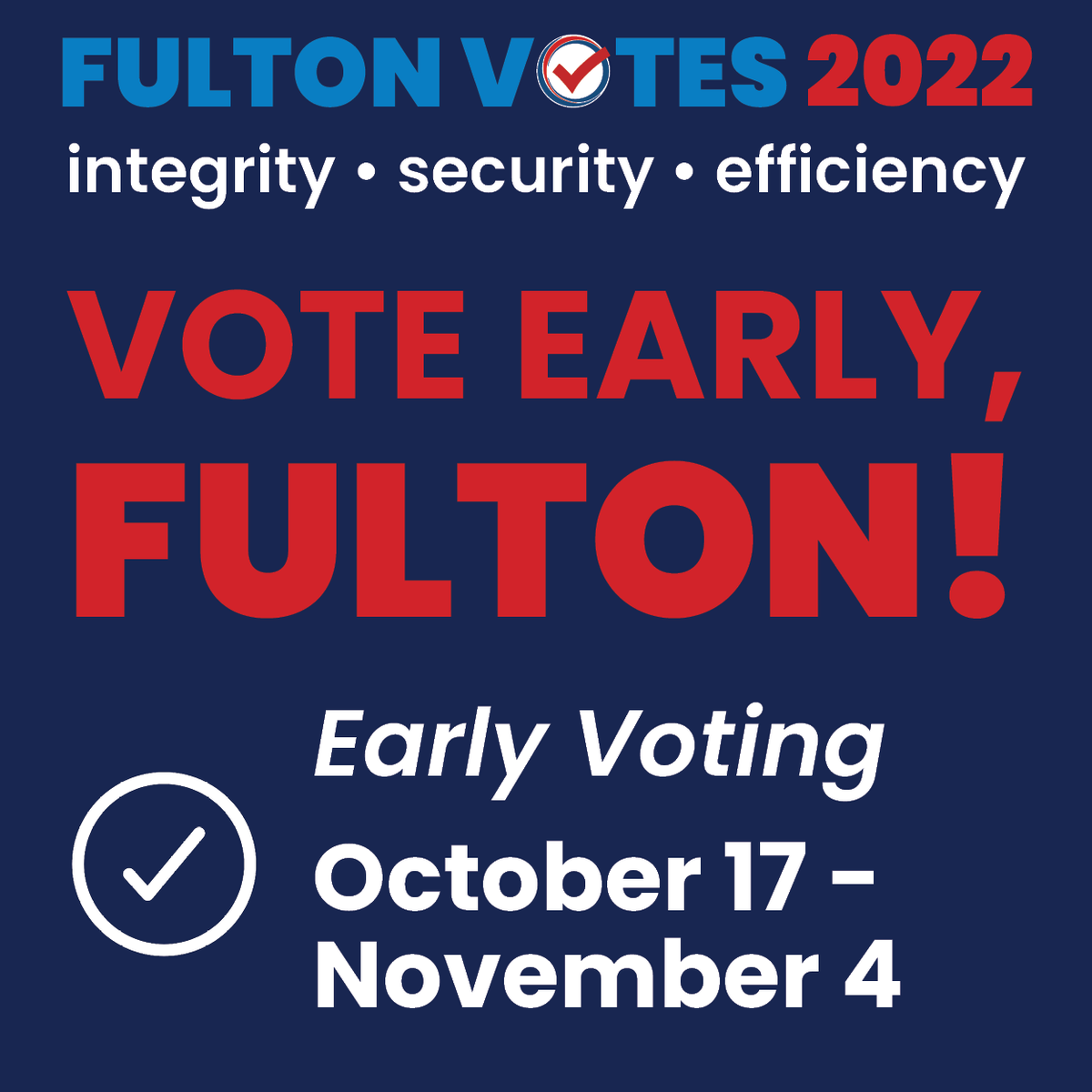 Early voting for the November 8 General Election is now underway. Hours are 7 a.m. to 7 p.m. daily (Sun, October 23 &amp; October 30: 11 a.m.-5 p.m.).

Any registered voter in Fulton County may vote at any early voting site. Find all locations at fultoncountyga.gov/voteearly

#FultonVotes