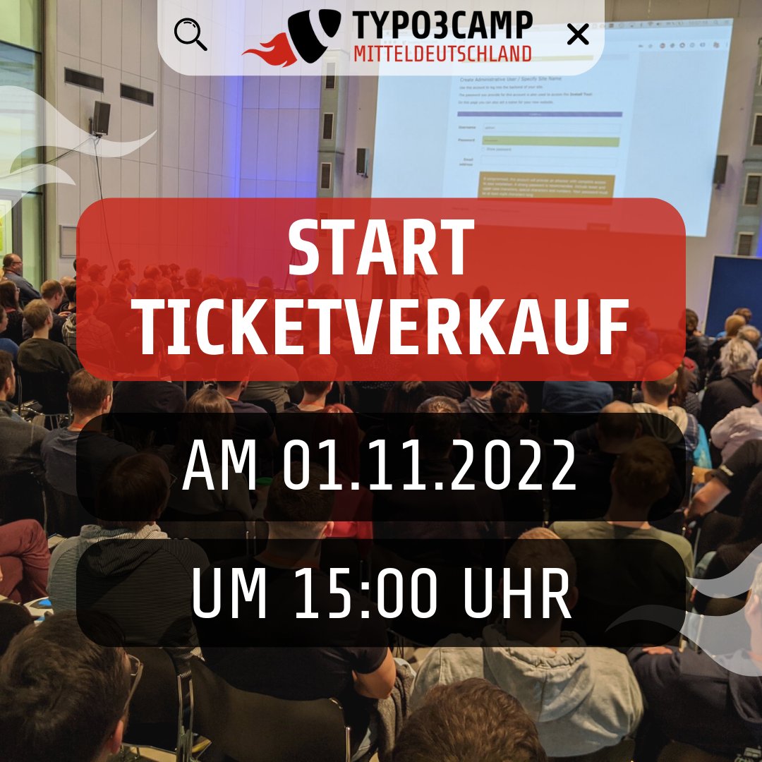 Seid ihr wieder dabei? 😉 Am 01.11.2022 um 15 Uhr startet der #Ticketverkauf zum TYPO3Camp Mitteldeutschland 2023. 🎟️ Wir freuen uns auf euch! 🤩
#TYPO3 #T3CMD #tickets