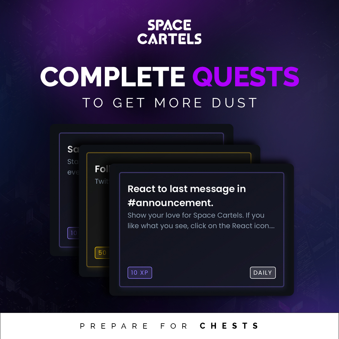 ✨Cartels! 

Due to popularity and demand, we are bringing back <a href="/crew3xyz/">Kasih Sayang</a>.

🎁Prize: 5x 10,000 $DUST
⏰End date: 24.10 16:00 UTC+2
🕵️Ways to win: Each XP points awards one ticket to a raffle.

Everyone has a chance to win!

🎁Follow, Like &amp; RT to win #freeNFT Ring

#NFT #BNB #P2E