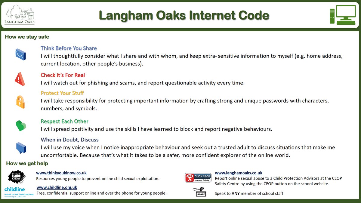LanghamOaks's tweet photo. 👉 Find out more about how we stay safe 📱online #esaftey and how we can access ⚠️ help when we need it, by reading the @LanghamOaks 🌐 Internet Code. #safety #online #OnlineSafety https://t.co/lQF2nlzRPY