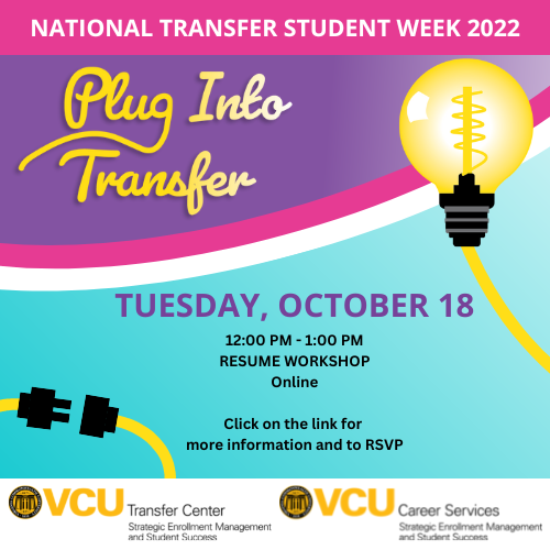 VCUTransfer's tweet photo. Join Us on Tuesday for National Transfer Student Week Resume Workshop with VCU Career Services and Transfer Tricks & Treats with VCU Commons. Click on the link for more information and to RSVP. https://t.co/rh6iRv38jx
#TransferStudentWeek #vcutransferstudents #vcutransfer https://t.co/YEp5BdoPuU