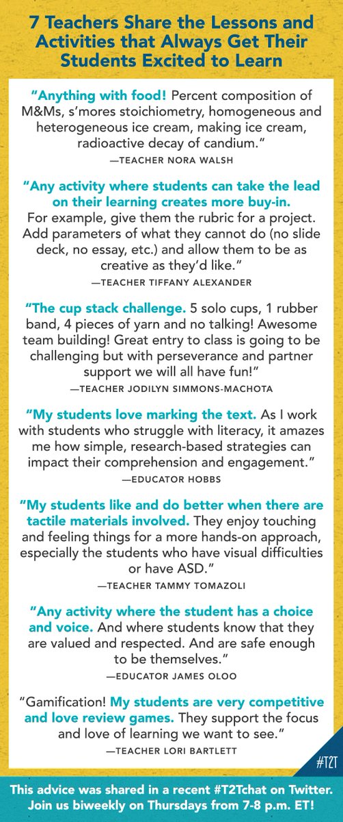 teacher2teacher's tweet photo. How do you get your learners EXCITED about their instruction? 🤩
We asked this question during a recent #T2Tchat – here's what your fellow Ts came up with:
#TeacherTwitter https://t.co/wlixCHUZlv